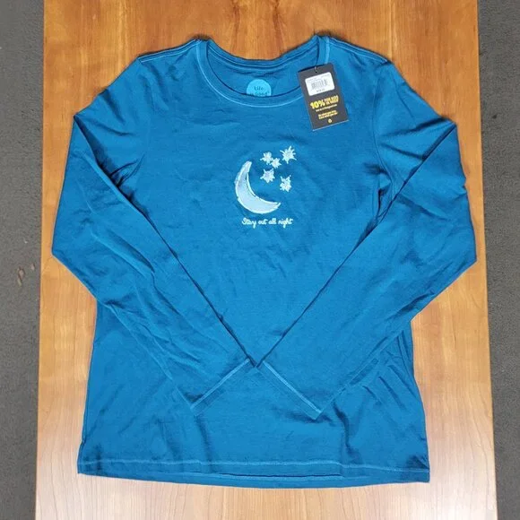 NWT Life Is Good Aqua Classic Fit Crew Neck Long Sleeve Tee Stay Out All Night M - Picture 5 of 10